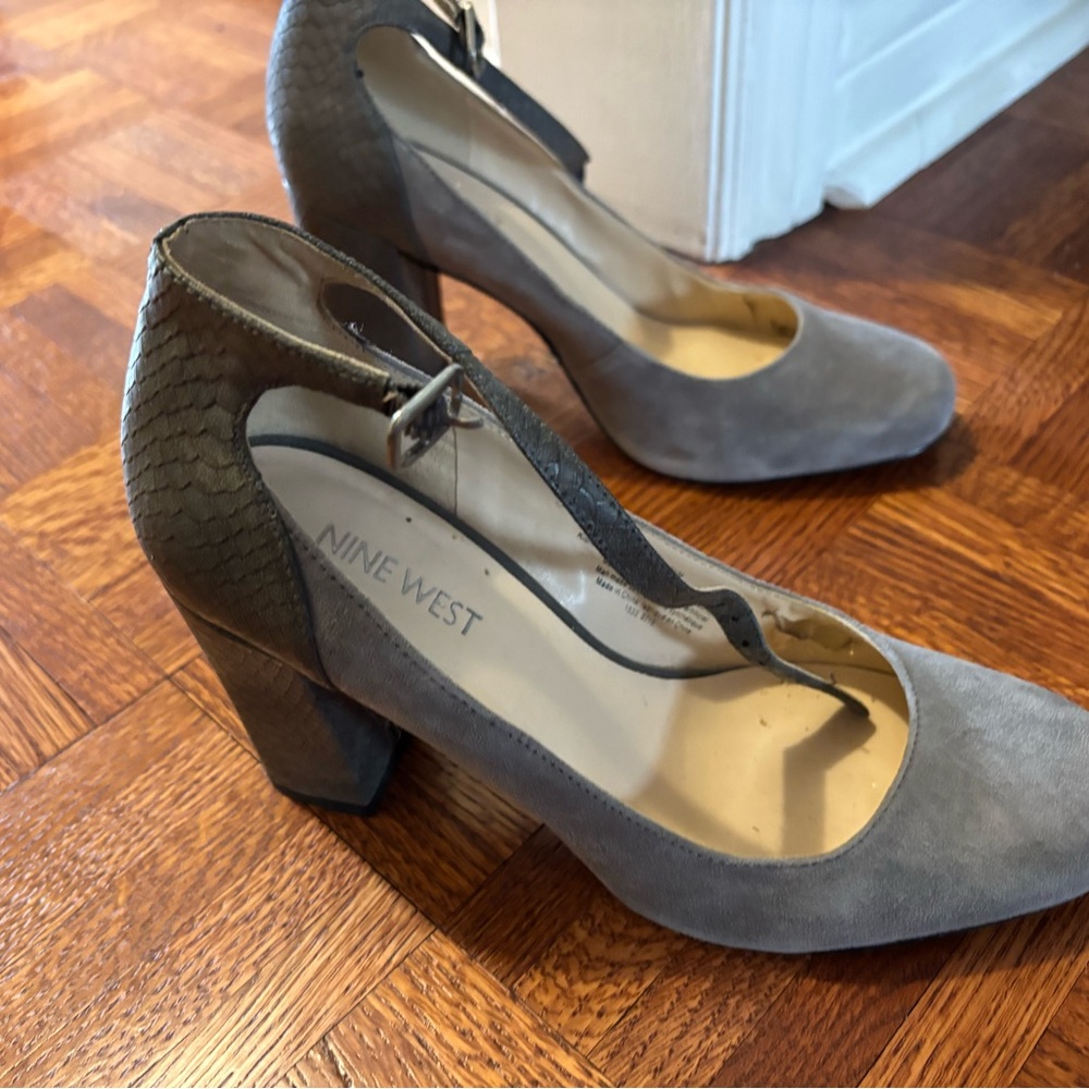 Nine West Gray Chunky Heel Pumps with Ankle Strap